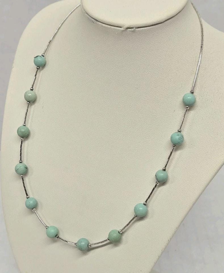 925 Liquid Sterling Silver Vintage Turquoise Station Necklace & Matching Earrings - Thumbnail 2