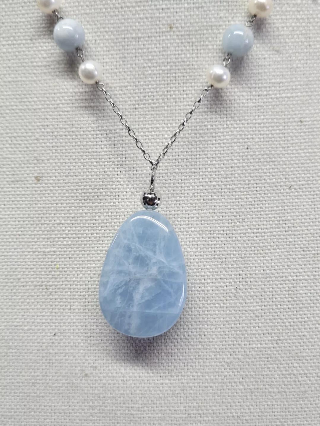 Milky Aquamarine Baroque Pearl Sterling Silver Pendant Necklace 63ct - Thumbnail 6
