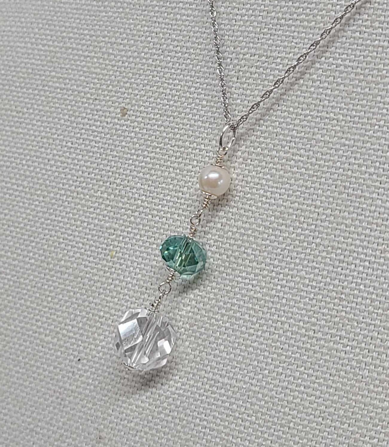 Sterling Silver Rock Quartz Crystal Freshwater Pearl Long Pendant - Thumbnail 2