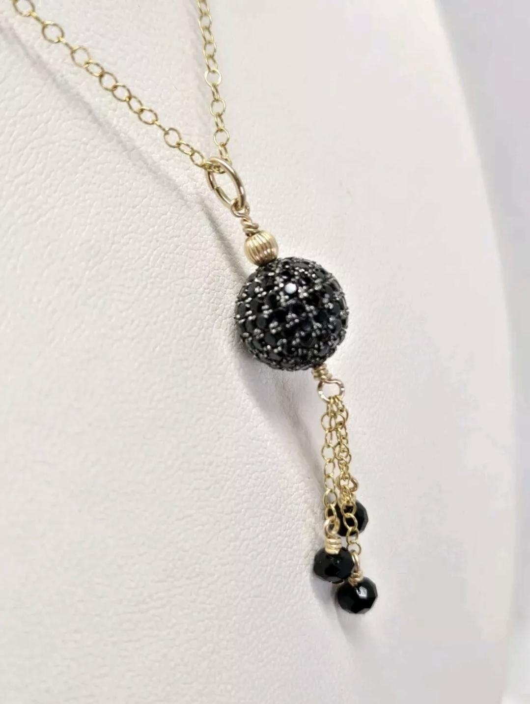 14k Yellow GF Black Spinel Pave Tassel Pendant - Thumbnail 3