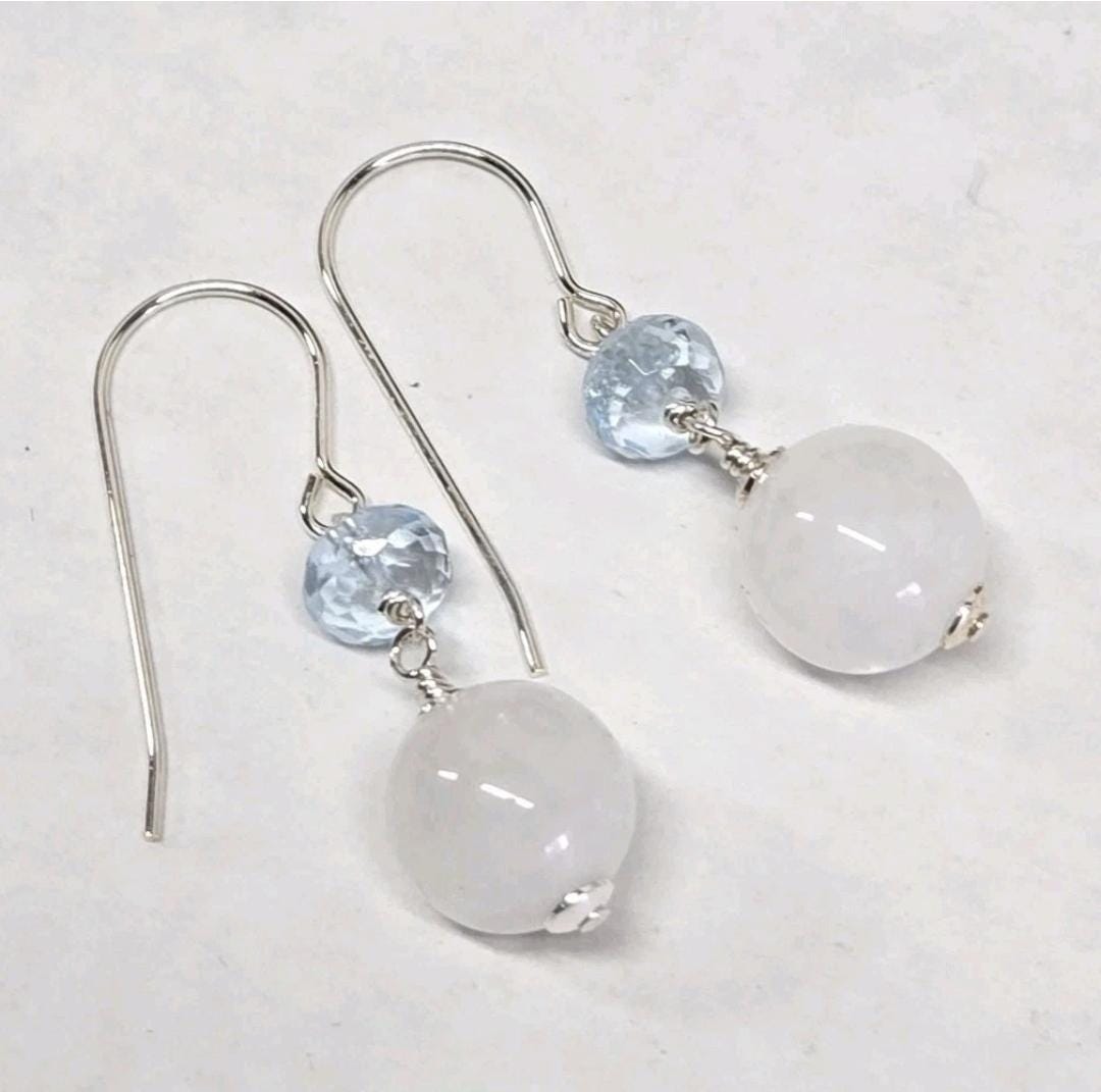 Sterling Silver Faceted Sky Blue Topaz & Blue Flash Moonstone Dangle Pendant - Thumbnail 4