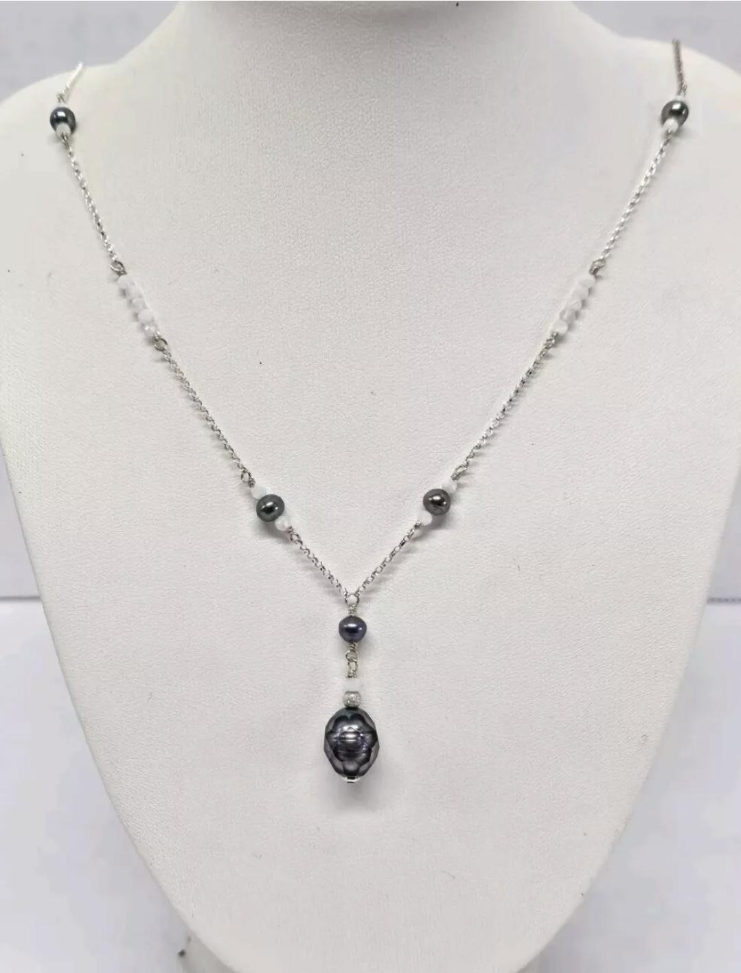 Sterling Silver Faceted Tahitian Pearl & Moonstone Lavalier 'Y' Pendant Necklace