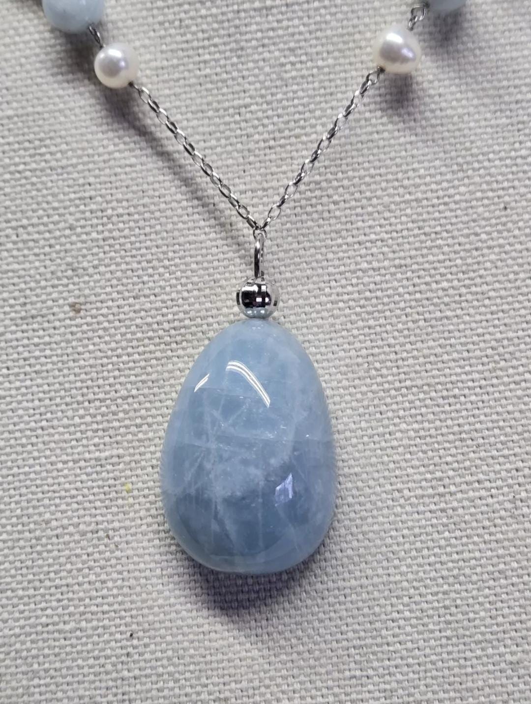 Milky Aquamarine Baroque Pearl Sterling Silver Pendant Necklace 63ct - Thumbnail 4