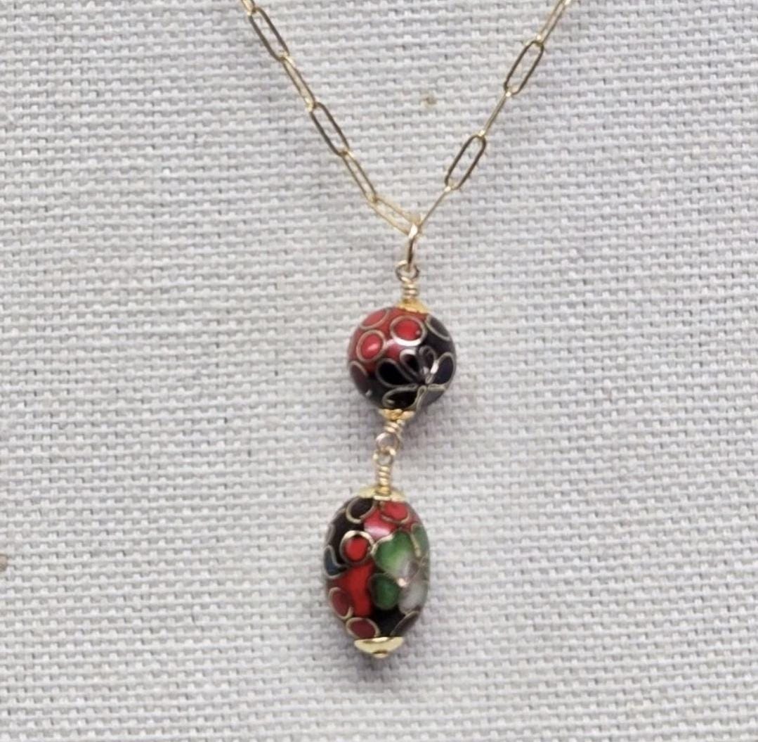 Vintage Upcycled Art Deco Asian Red Enamel Cloisonne 14k GF Lavalier Pendant - Thumbnail 2