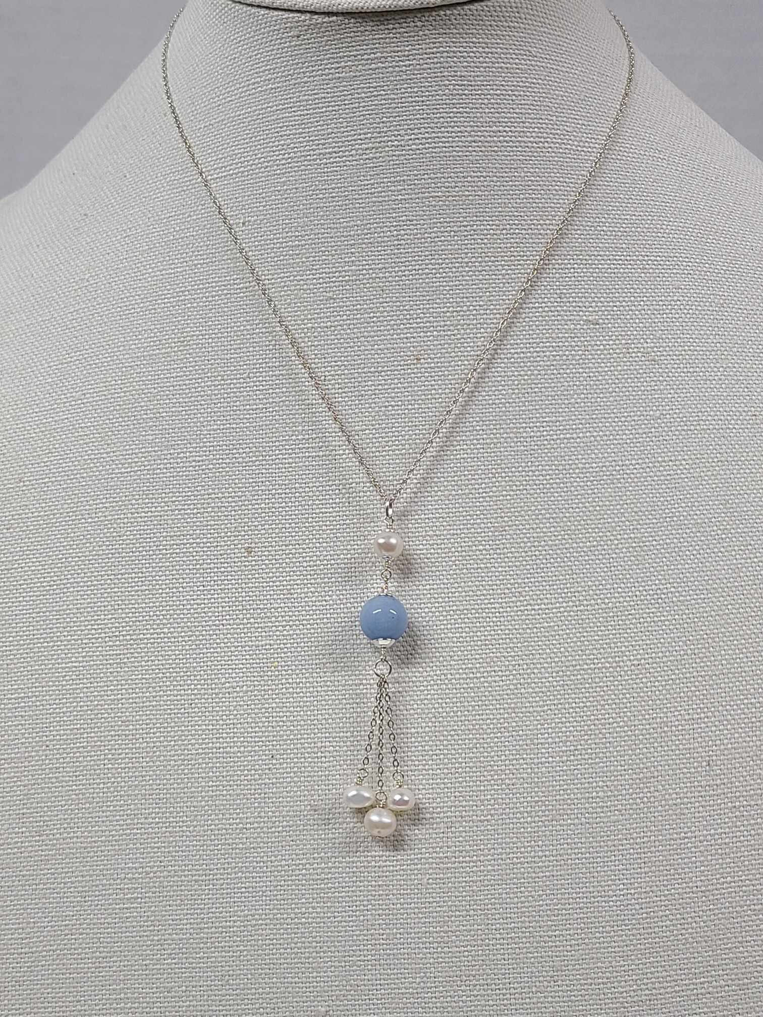 Sterling Silver Milky Aquamarine Freshwater Pearl Tassel Pendant - Thumbnail 3