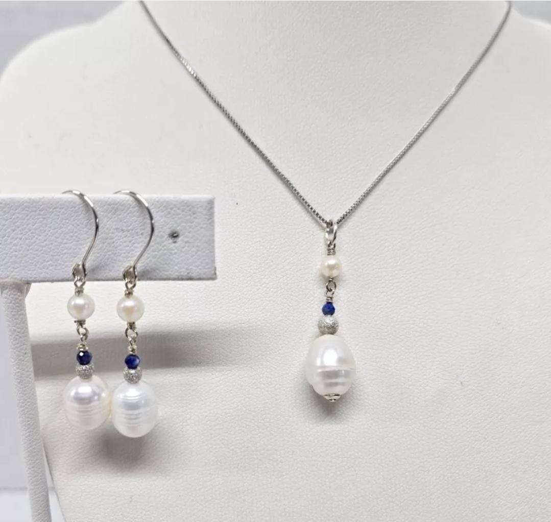 Baroque & Akoya Pearl Lapis Lazuli Sterling Silver Dangle Earrings Artisan Made in the USA - Thumbnail 6