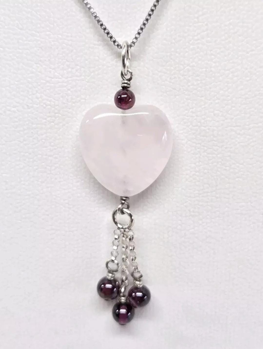 Sterling Silver Heart Shaped Rose Quartz Garnet Tassel Pendant - Thumbnail 3