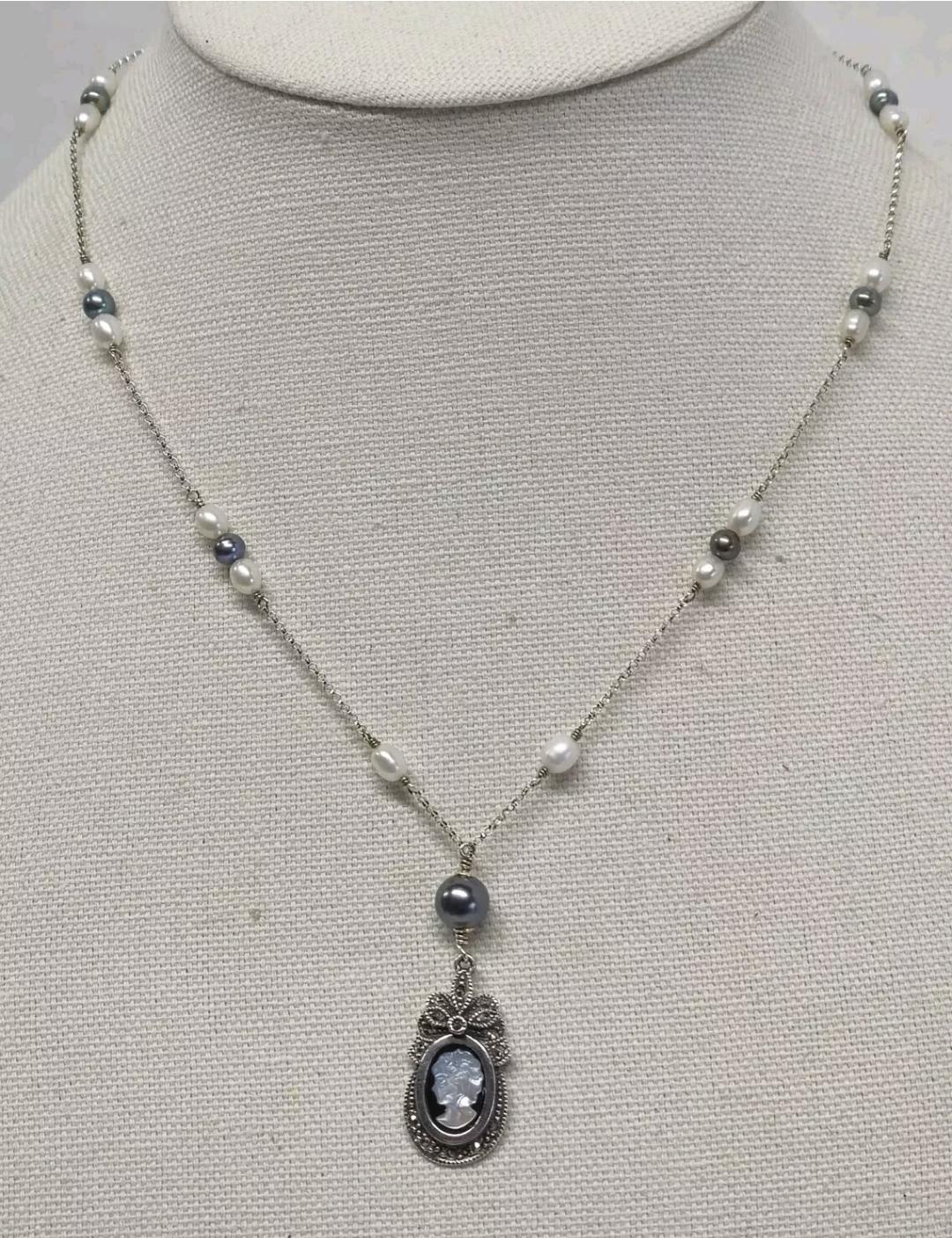 Sterling Silver Pearl Marcasite Cameo Lavalier 'Y' Pendant Necklace - Thumbnail 2