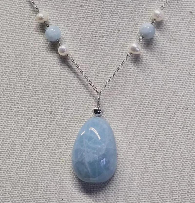 Milky Aquamarine Baroque Pearl Sterling Silver Pendant Necklace 63ct
