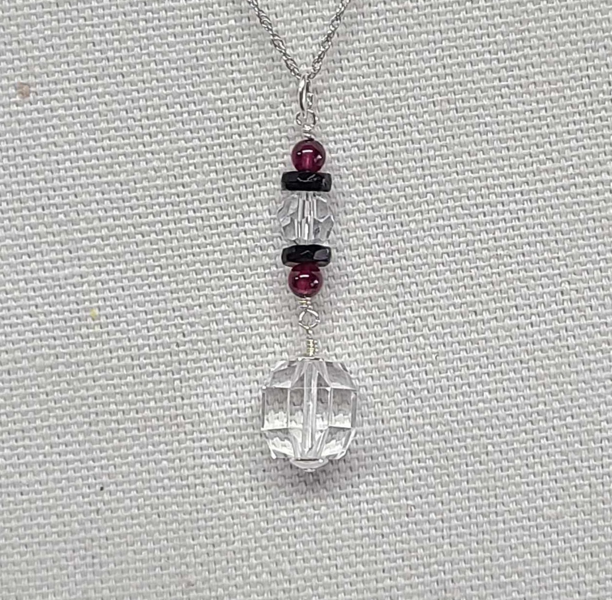 Sterling Silver Rock Quartz Crystal Cranberry Almandine Garnet Pendant
