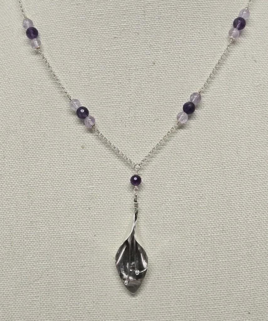 Vintage Sterling Silver Amethyst Calla Lily Lavalier Pendant Adjustable Rolo Chain Necklace