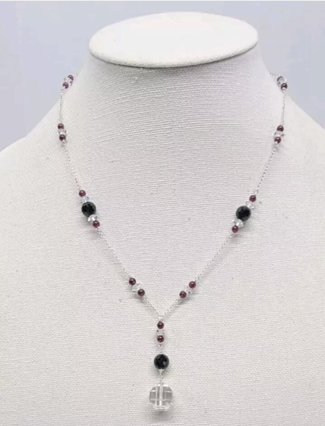Rock Quartz Crystal Black Tourmaline Garnet Lavalier Pendant Necklace - Thumbnail 2