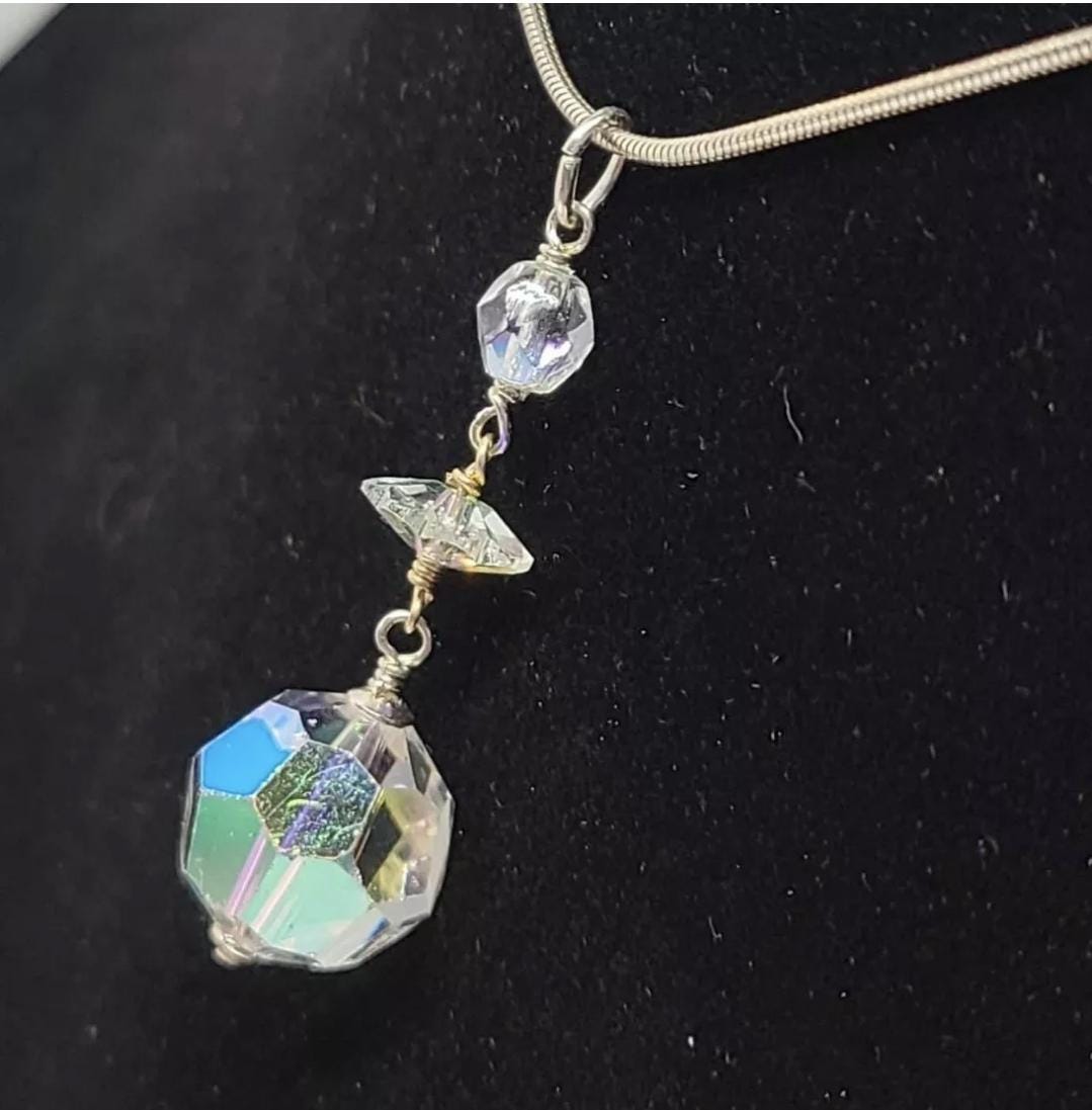 Upcycled Vintage Aurora Borealis Art Deco Sterling Silver Pendant - Thumbnail 5