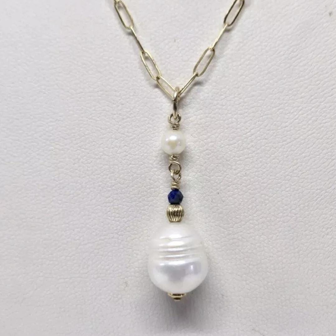 Baroque & Akoya Pearl Lapis Lazuli 14k GF Pendant Artisan Crafted in the USA