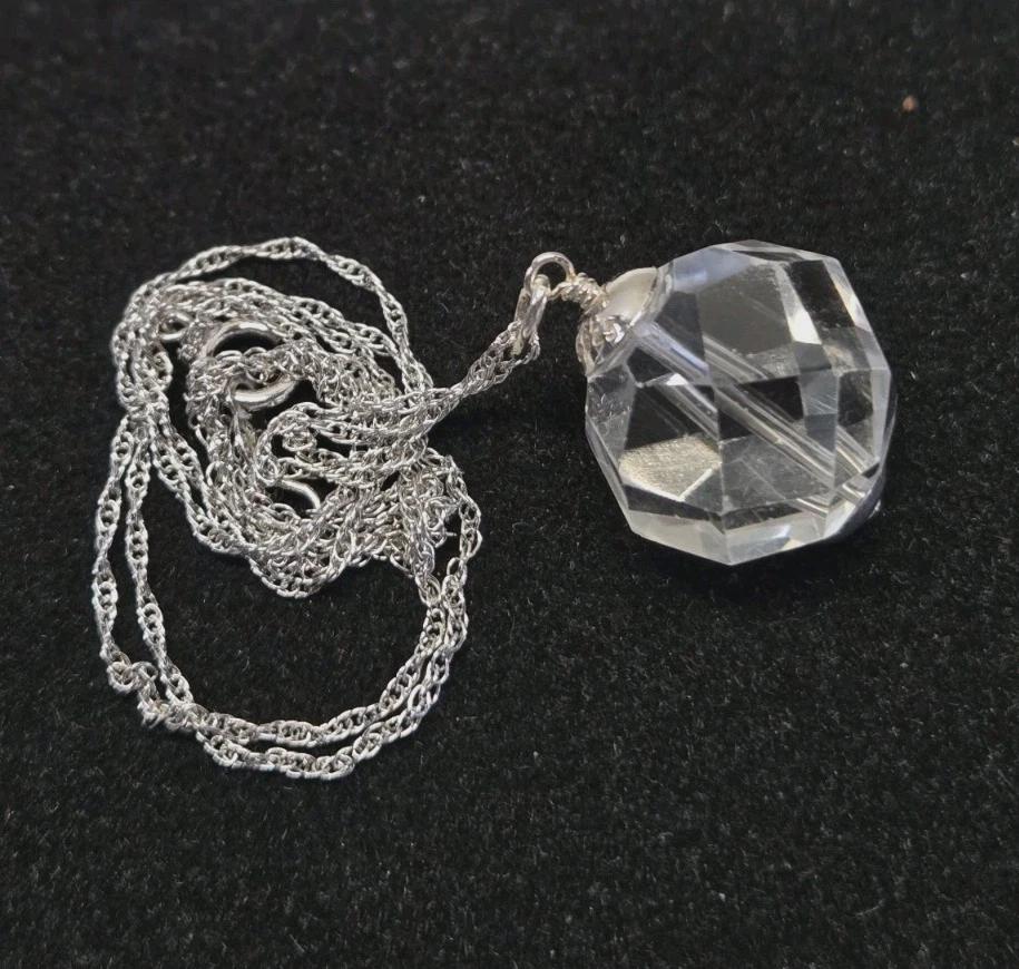 Artisan Sterling Silver Vintage Art Deco 16mm Rock Quartz Crystal Pendant Charm 18" Necklace