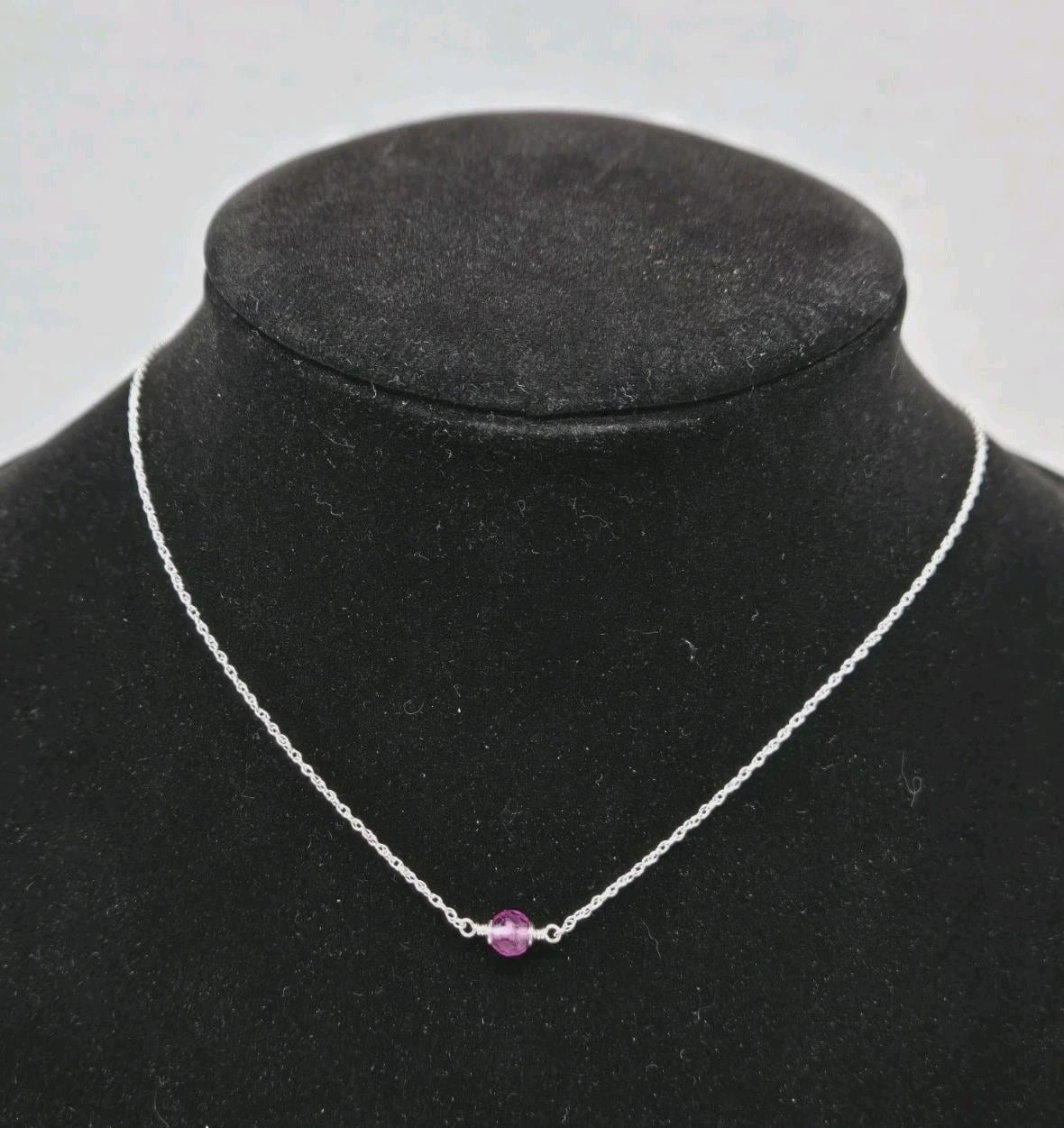 Minimalist 925 SS Faceted Pink Rhodolite Garnet Stacking Layering Necklace 16" - Thumbnail 2