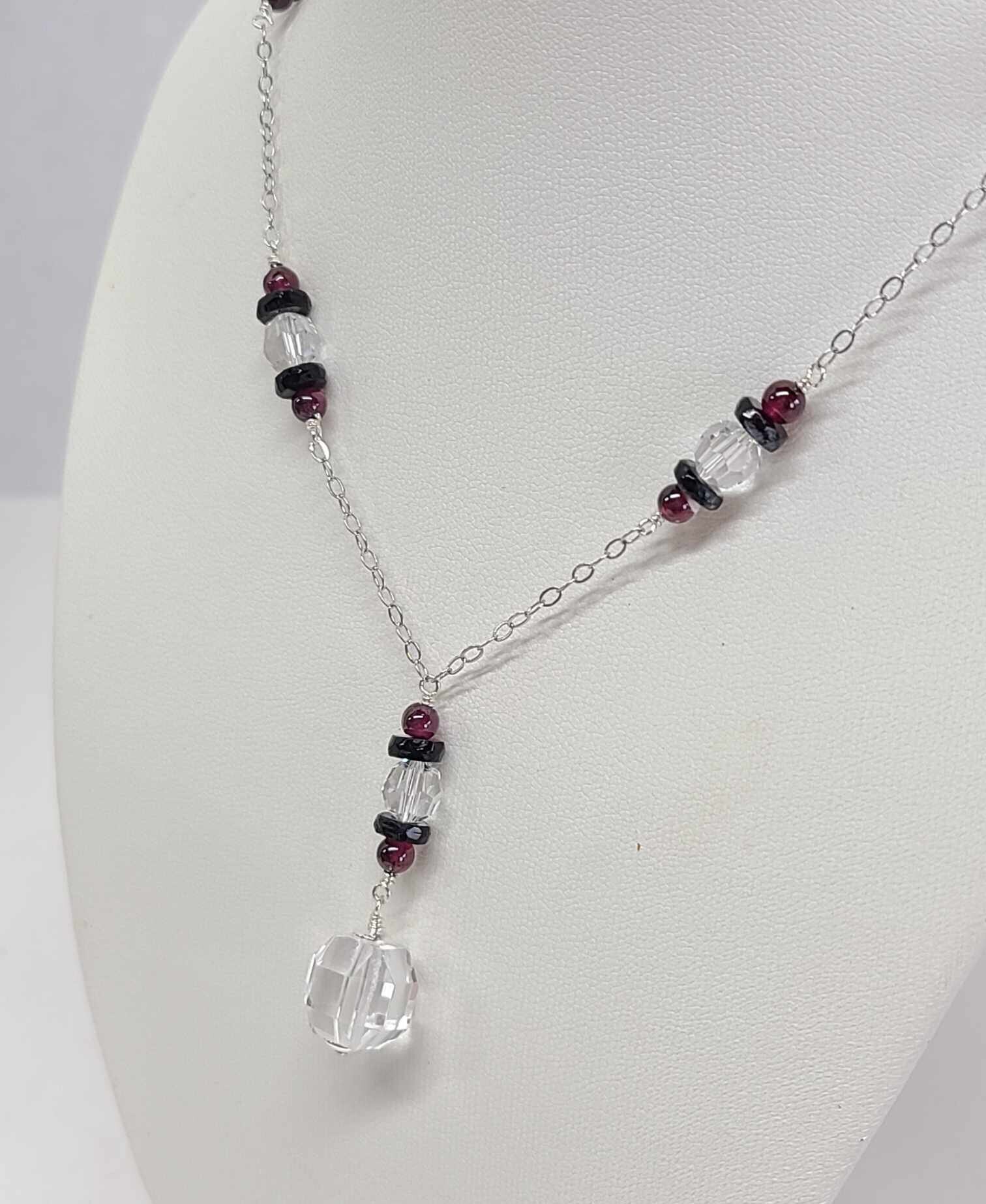 Art Deco Sterling Silver Rock Quartz Crystal Cranberry Garnet Lavalier Pendant Necklace - Thumbnail 4
