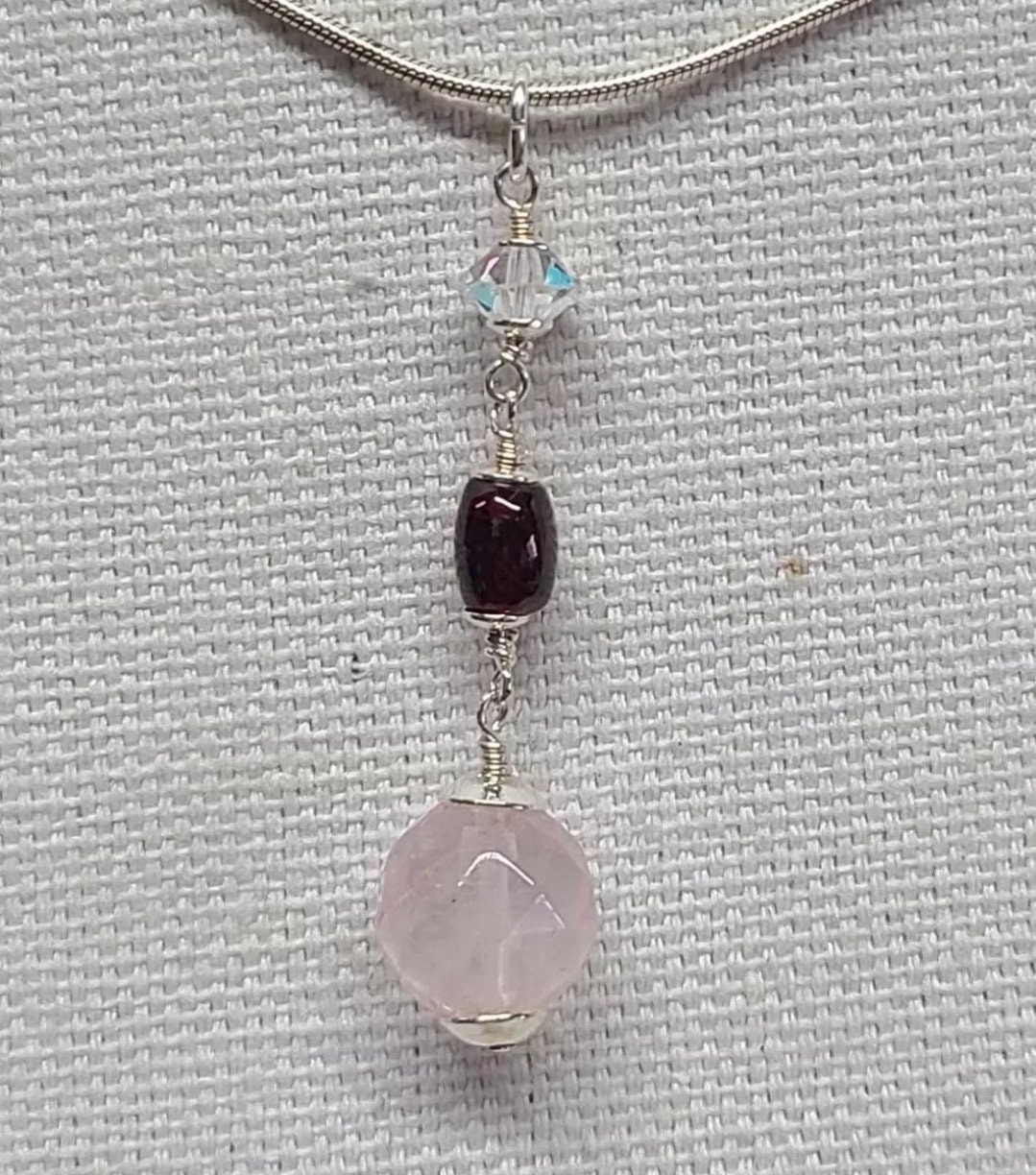 Rose Quartz Crystal Genuine Garnet Sterling Silver Pendant - Thumbnail 2