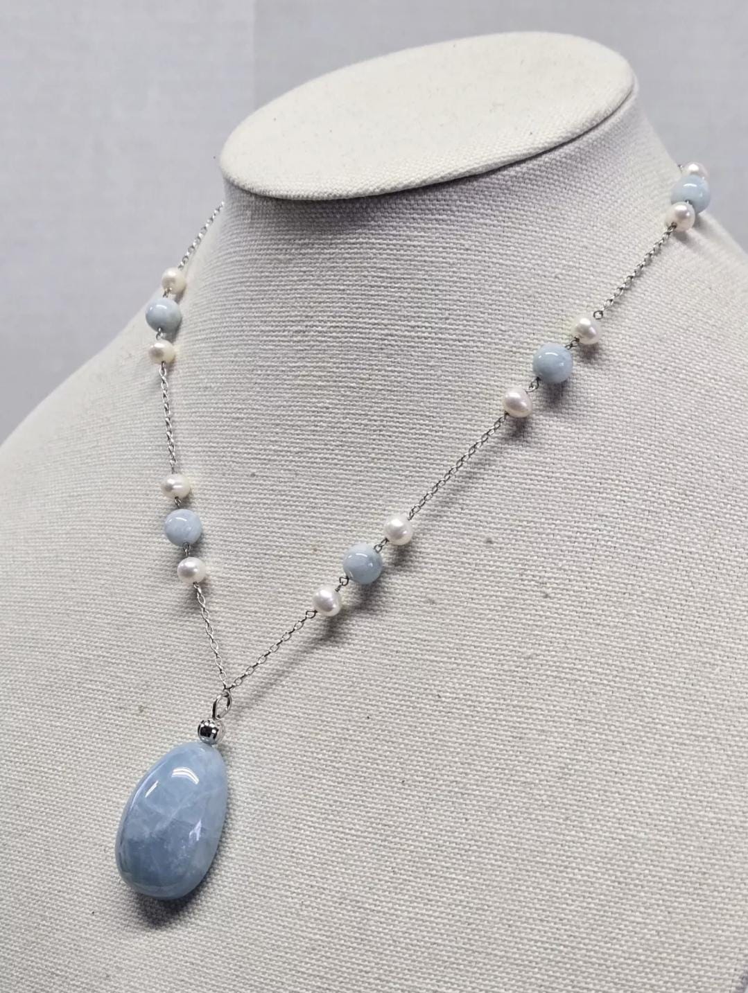 Milky Aquamarine Baroque Pearl Sterling Silver Pendant Necklace 63ct - Thumbnail 3