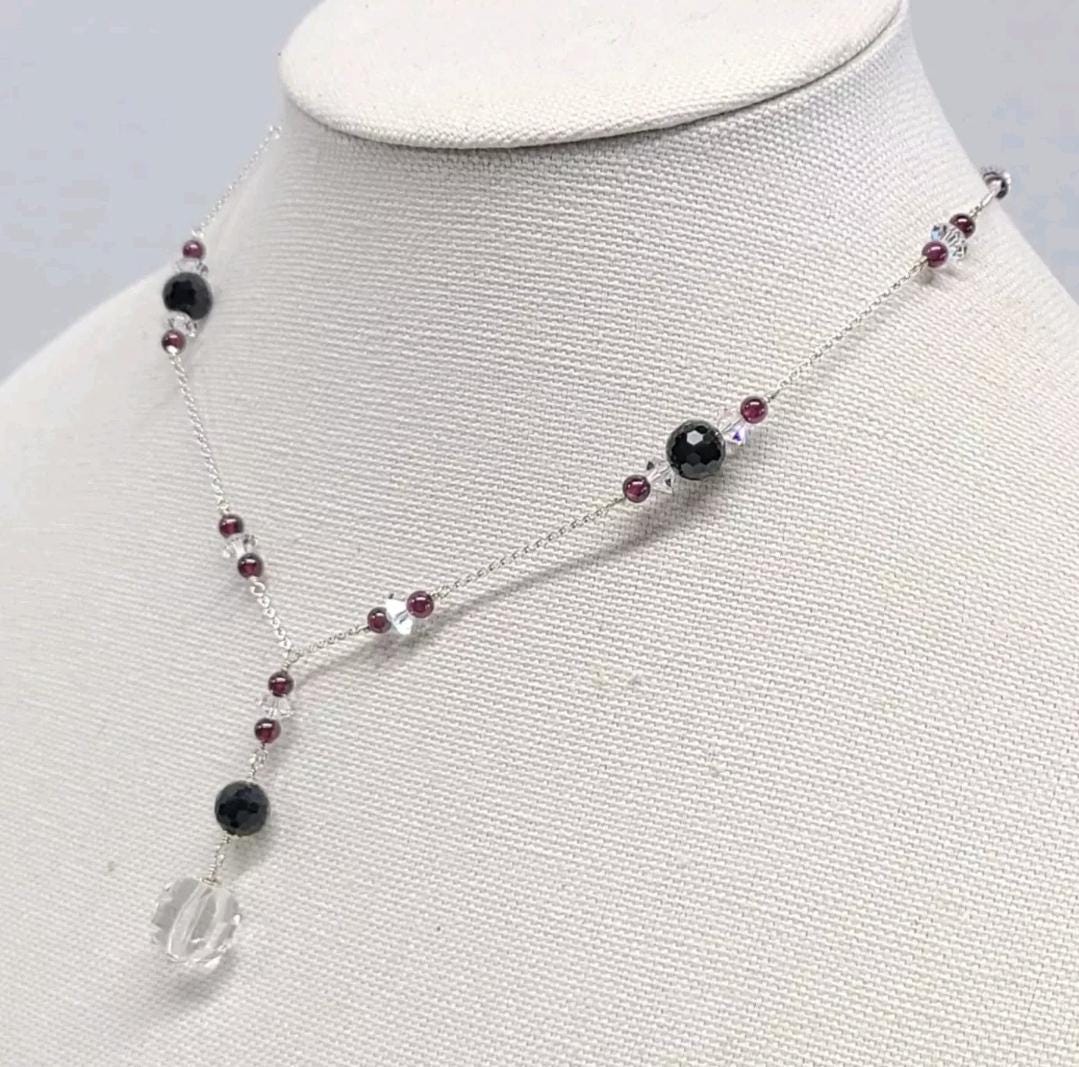 Rock Quartz Crystal Black Tourmaline Garnet Lavalier Pendant Necklace - Thumbnail 3