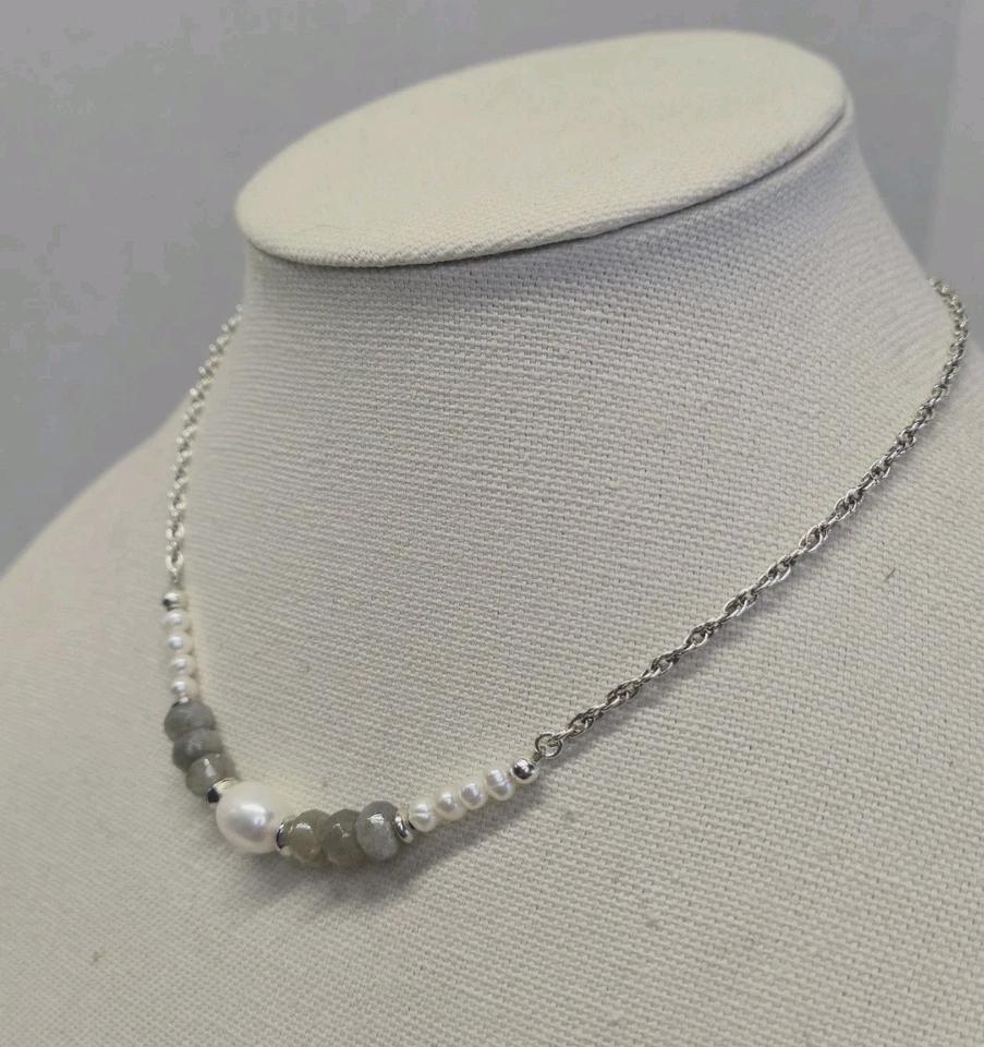 Labradorite Baroque Pearl Sterling Silver Fluid Rope Chain Adjustable Necklace - Thumbnail 4
