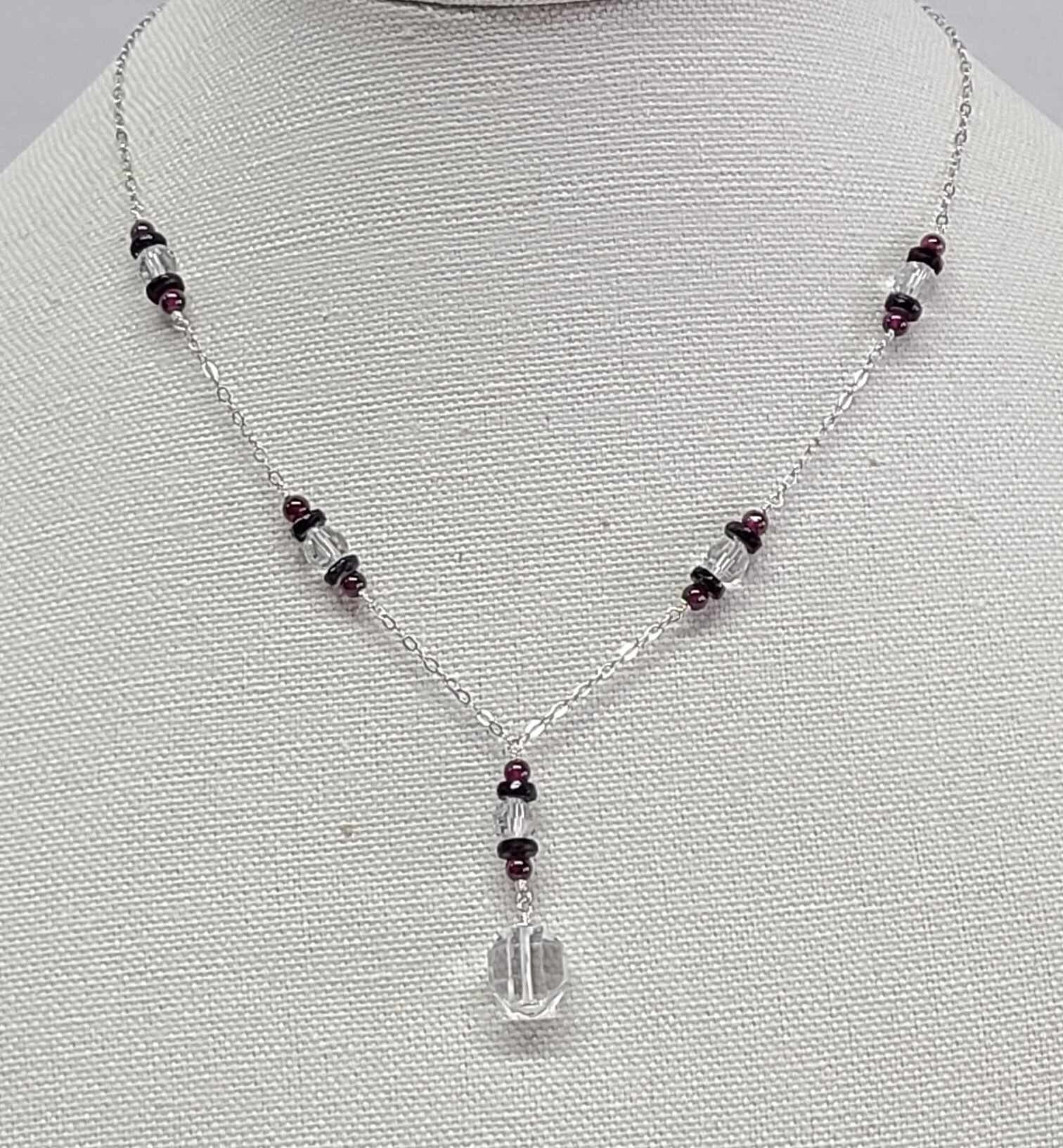 Art Deco Sterling Silver Rock Quartz Crystal Cranberry Garnet Lavalier Pendant Necklace