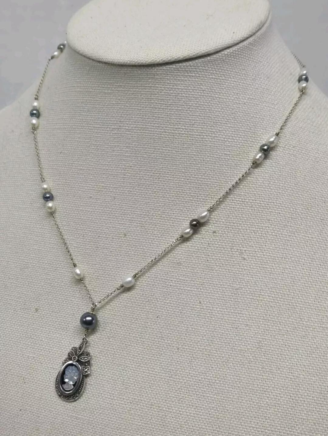 Sterling Silver Pearl Marcasite Cameo Lavalier 'Y' Pendant Necklace - Thumbnail 3