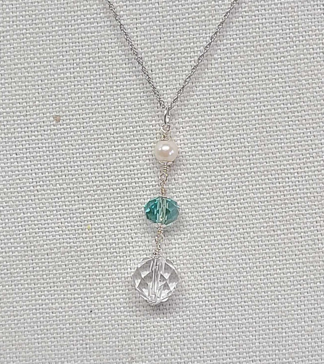 Sterling Silver Rock Quartz Crystal Freshwater Pearl Long Pendant