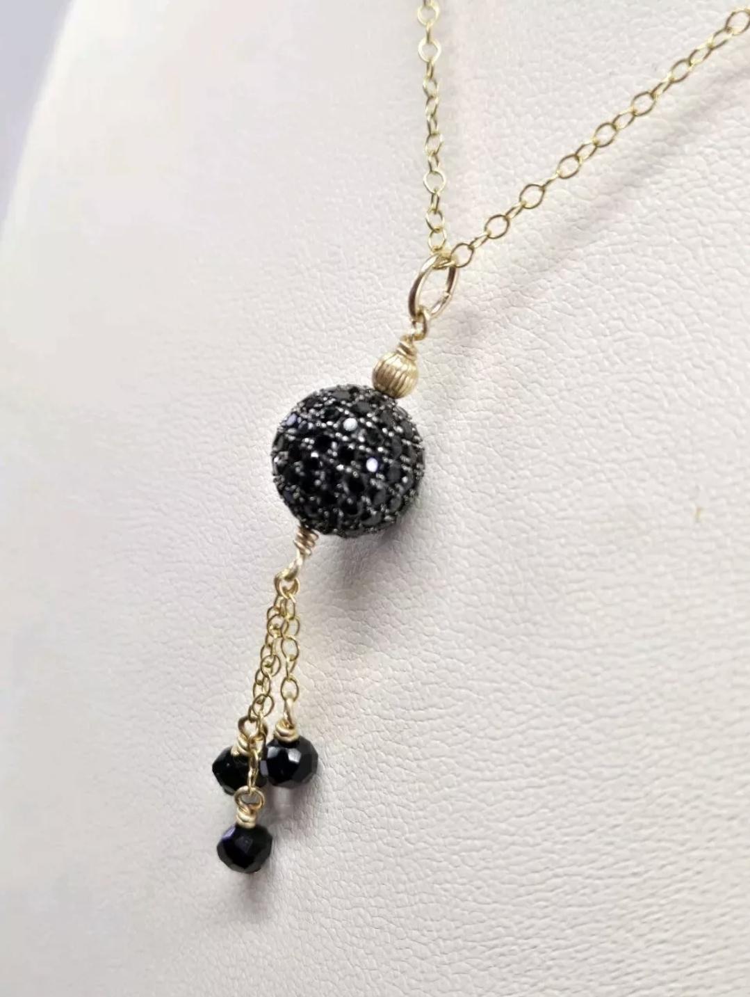 14k Yellow GF Black Spinel Pave Tassel Pendant - Thumbnail 2