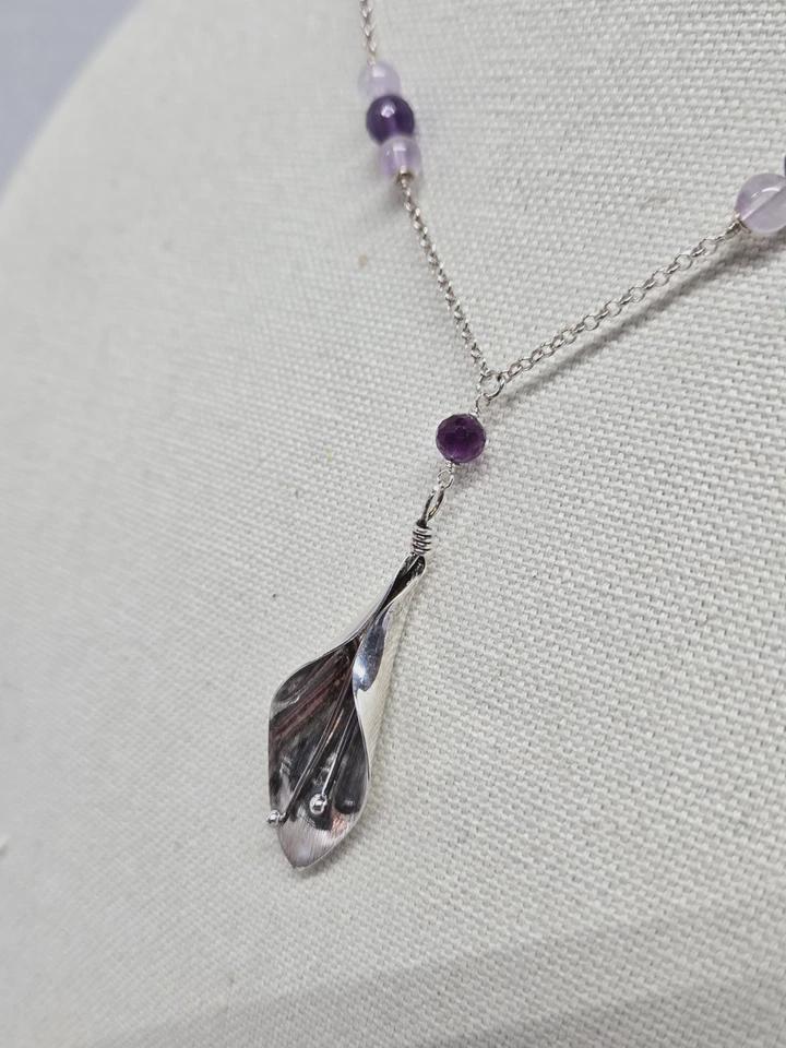 Vintage Sterling Silver Amethyst Calla Lily Lavalier Pendant Adjustable Rolo Chain Necklace - Thumbnail 6