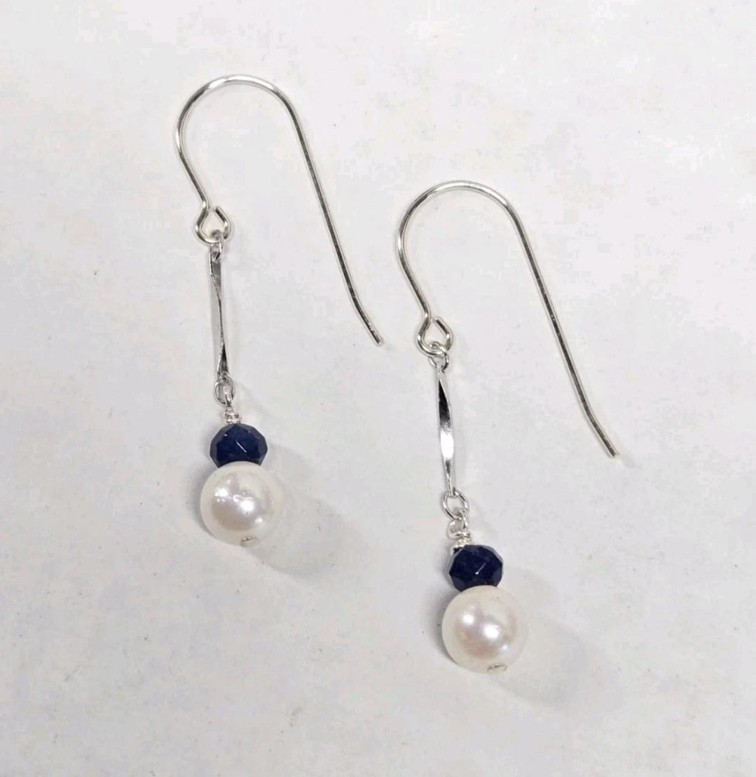 925 Sterling Silver Pearl & Genuine Faceted Sapphire Dangle Drop Earrings - Thumbnail 2