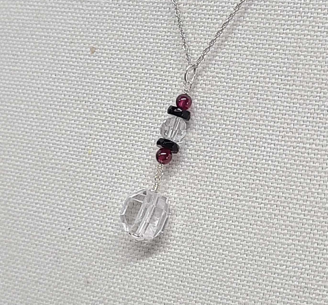 Sterling Silver Rock Quartz Crystal Cranberry Almandine Garnet Pendant - Thumbnail 2