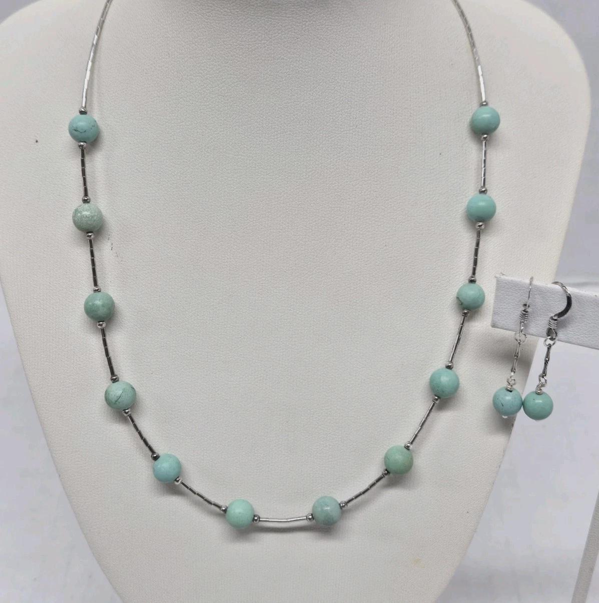 925 Liquid Sterling Silver Vintage Turquoise Station Necklace & Matching Earrings