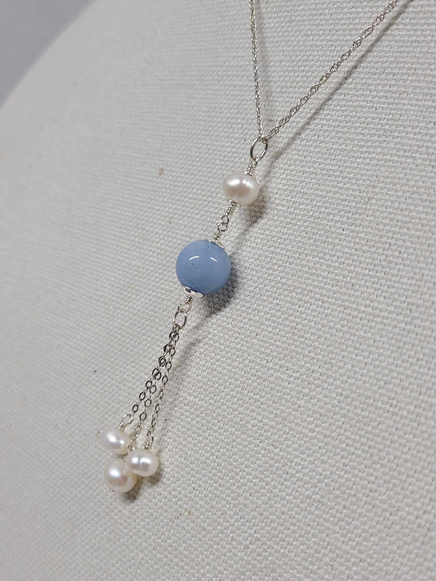 Sterling Silver Milky Aquamarine Freshwater Pearl Tassel Pendant - Thumbnail 2