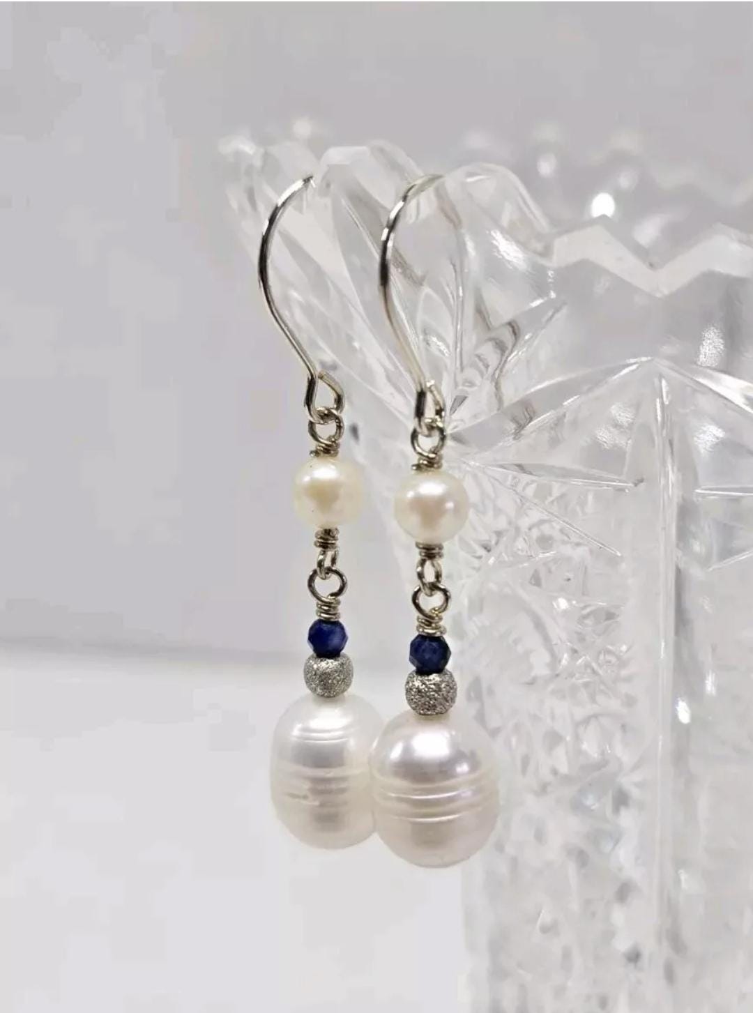 Baroque & Akoya Pearl Lapis Lazuli Sterling Silver Dangle Earrings Artisan Made in the USA