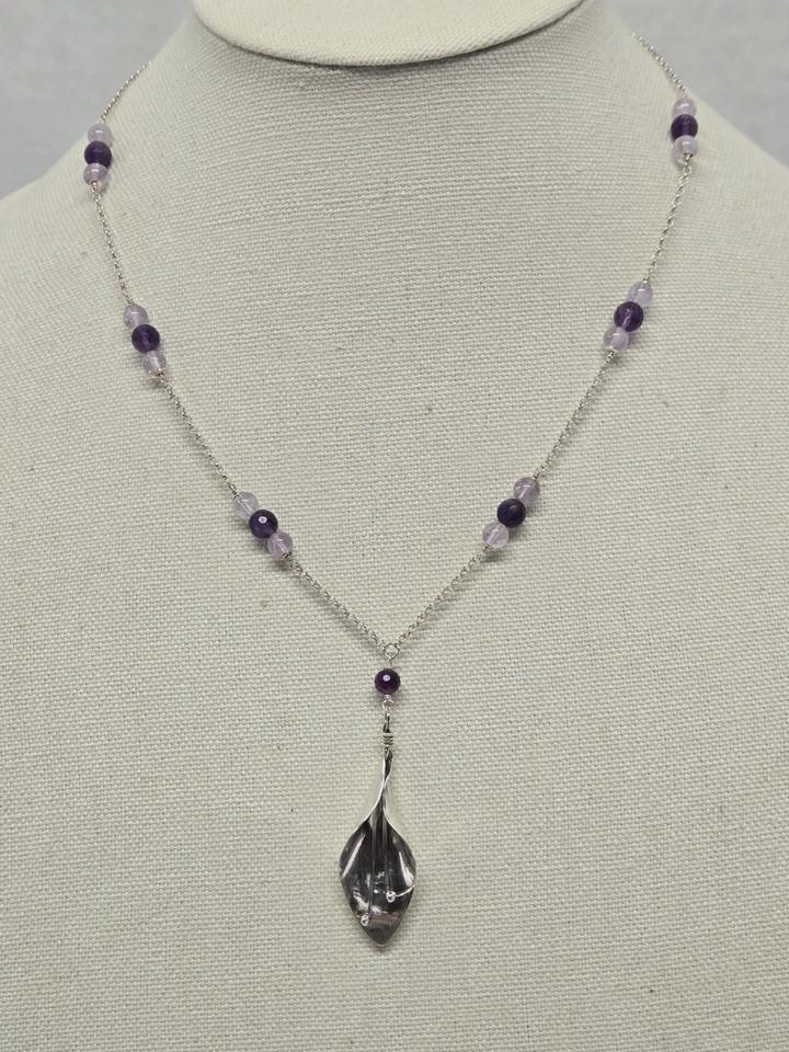 Vintage Sterling Silver Amethyst Calla Lily Lavalier Pendant Adjustable Rolo Chain Necklace - Thumbnail 2