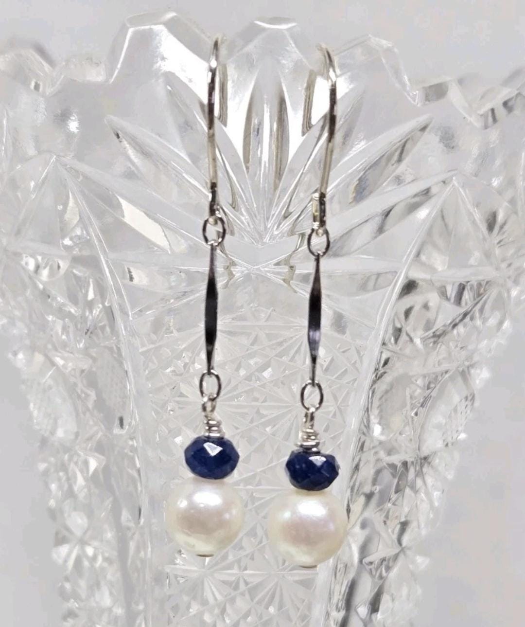 925 Sterling Silver Pearl & Genuine Faceted Sapphire Dangle Drop Earrings - Thumbnail 3