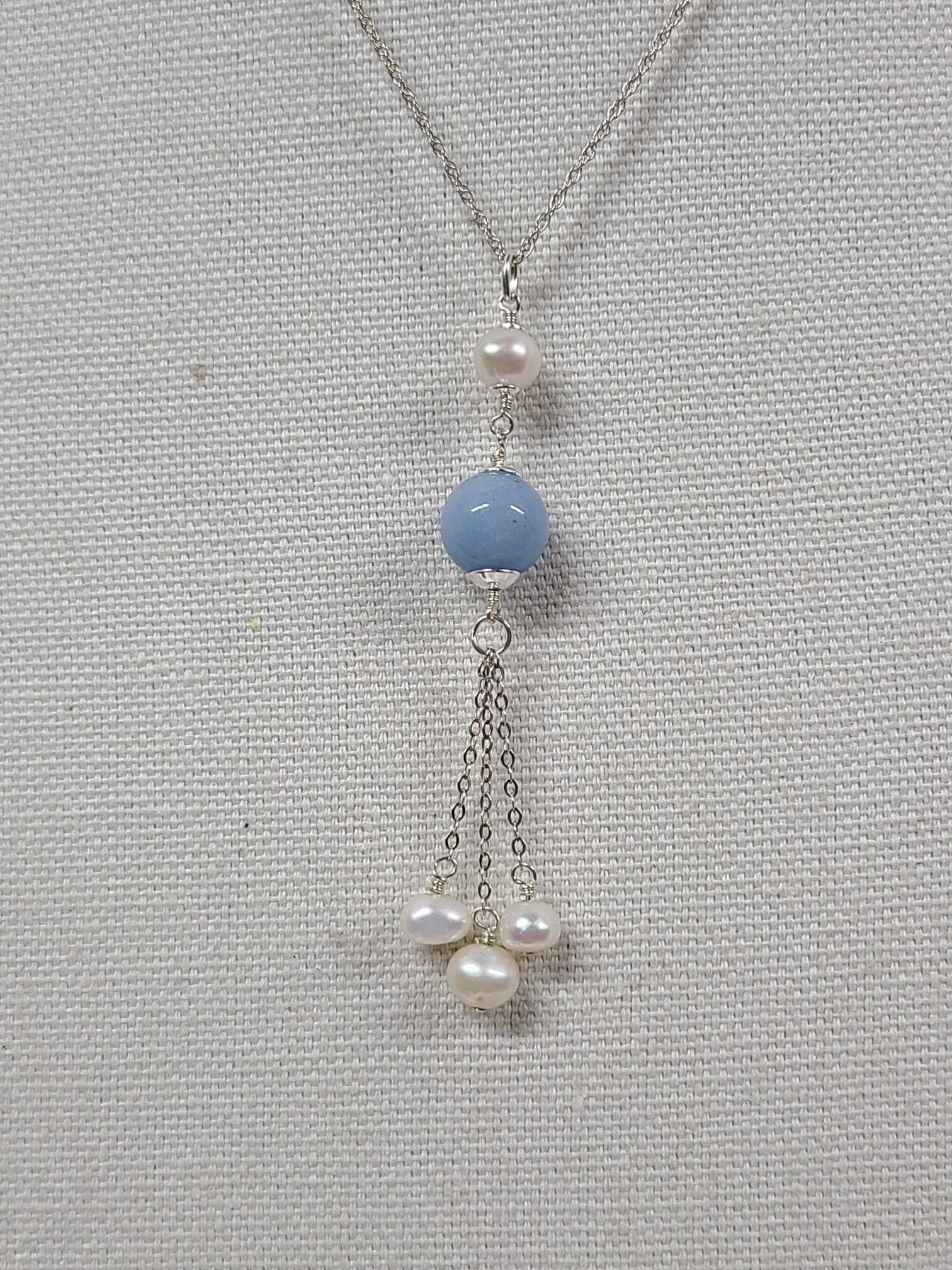 Sterling Silver Milky Aquamarine Freshwater Pearl Tassel Pendant