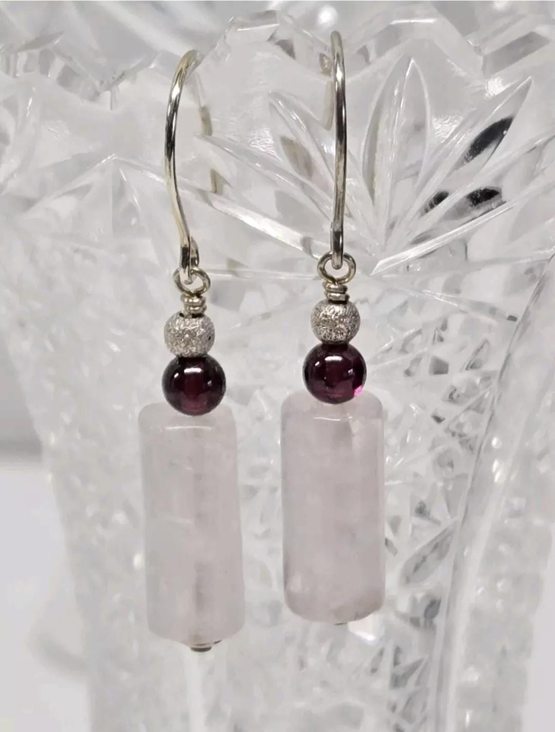 Rose Quartz & Garnet Sterling Silver Geometric Dangle Earrings Artisan Crafted in the USA
