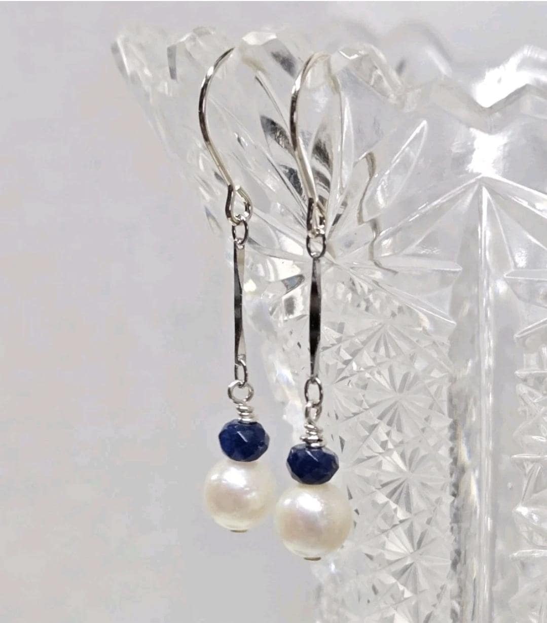 925 Sterling Silver Pearl & Genuine Faceted Sapphire Dangle Drop Earrings
