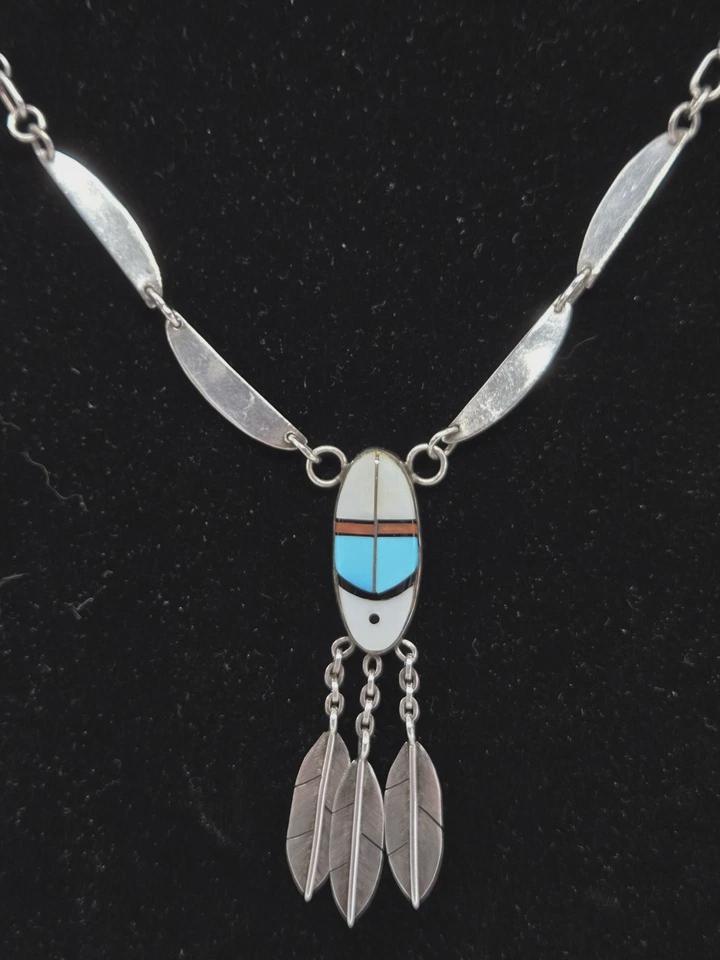 Vintage Zuni Southwest Inlay Multi-Stone Sterling Silver Feather Necklace