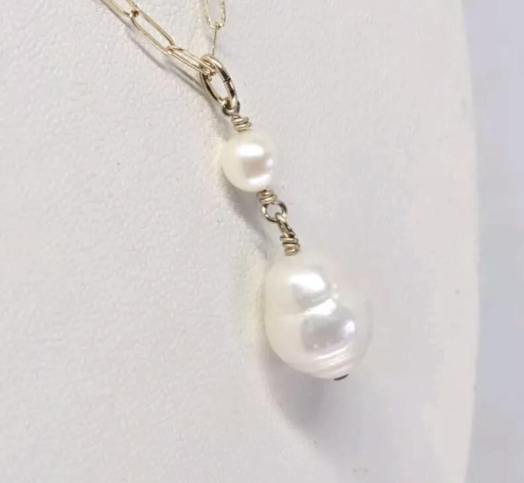 Artisan White Baroque & Akoya Pearl 14k GF Modern Pendant - Thumbnail 2