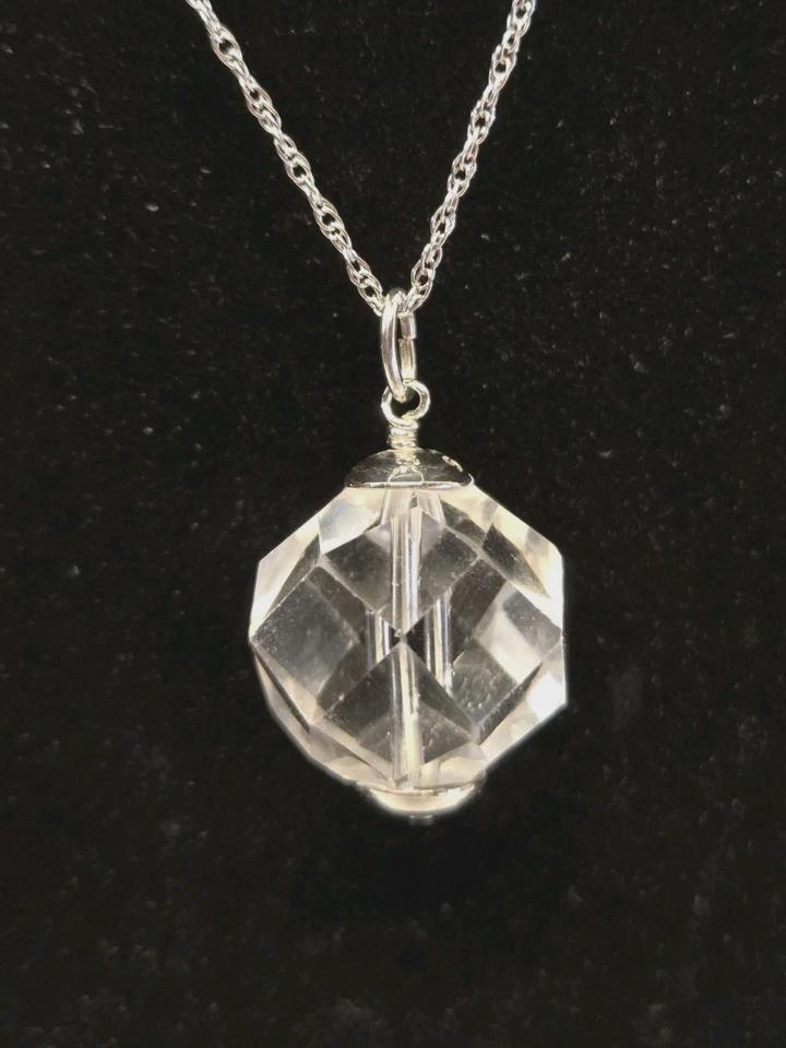 Artisan Sterling Silver Vintage Art Deco 16mm Rock Quartz Crystal Pendant Charm 18" Necklace - Thumbnail 6