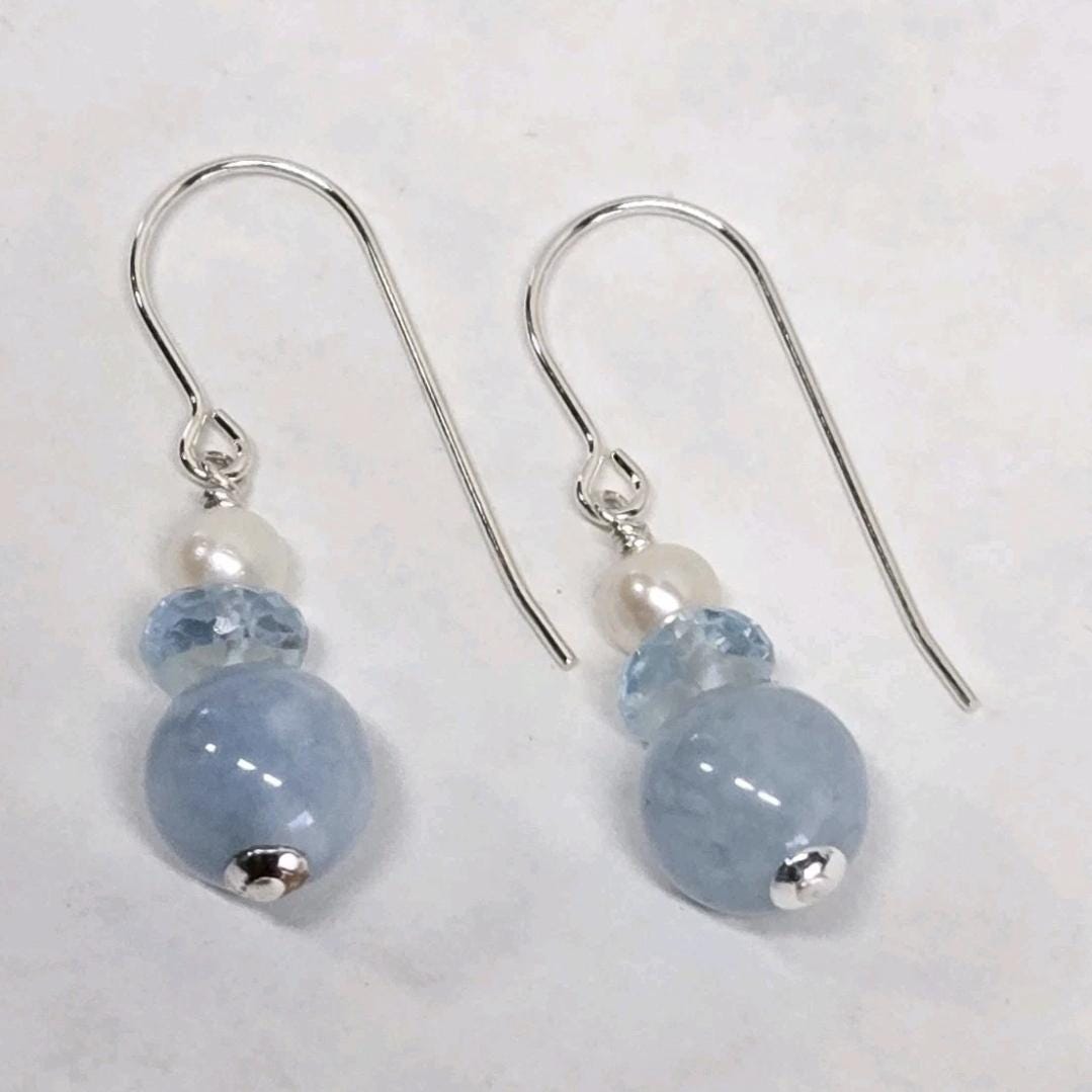 Sterling Silver Aquamarine Facted Sky Blue Topaz Pearl Dangle Earrings - Thumbnail 3