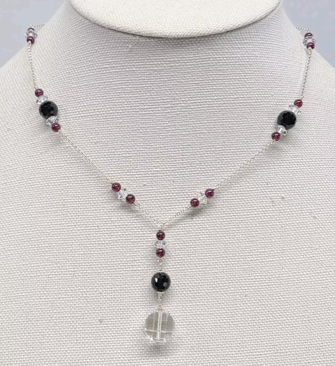 Rock Quartz Crystal Black Tourmaline Garnet Lavalier Pendant Necklace