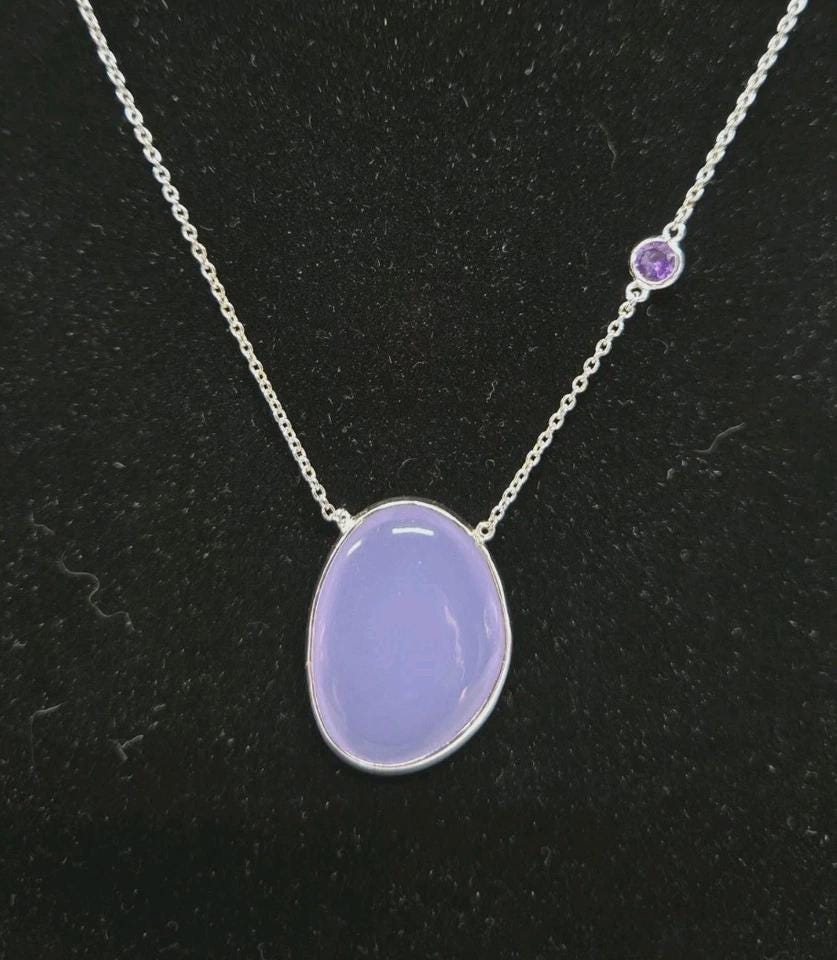 Modernist 925 SS Purple Chalcedony & Amethyst Stacking Layering Necklace 16-17"