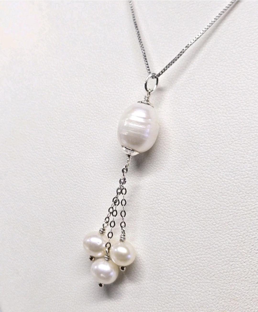 Artisan White Baroque Pearl Sterling Silver Tassel Pendant - Thumbnail 2