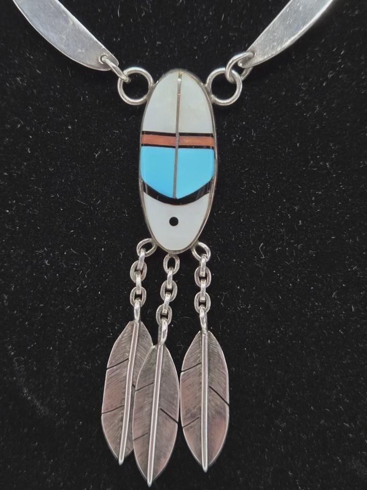 Vintage Zuni Southwest Inlay Multi-Stone Sterling Silver Feather Necklace - Thumbnail 5