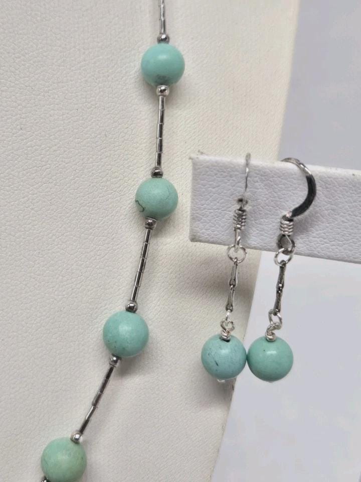 925 Liquid Sterling Silver Vintage Turquoise Station Necklace & Matching Earrings - Thumbnail 3