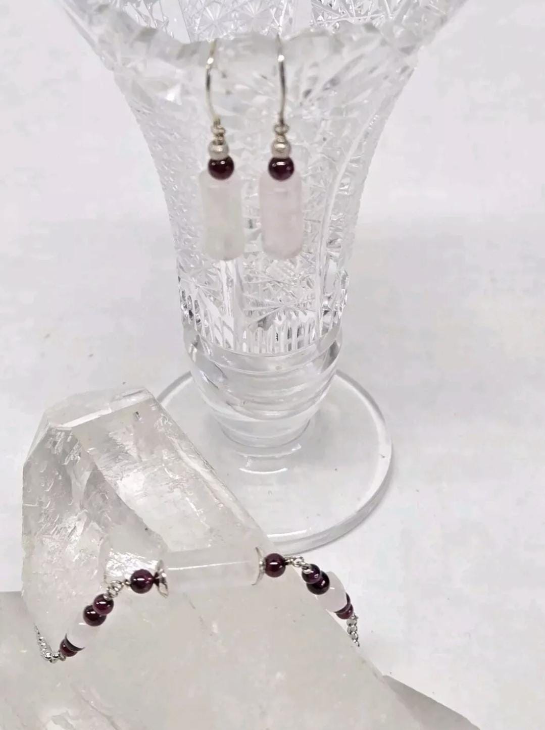 Rose Quartz & Garnet Sterling Silver Geometric Dangle Earrings Artisan Crafted in the USA - Thumbnail 5